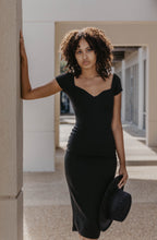 Load image into Gallery viewer, little black dress midi length with a black hat from peakechic