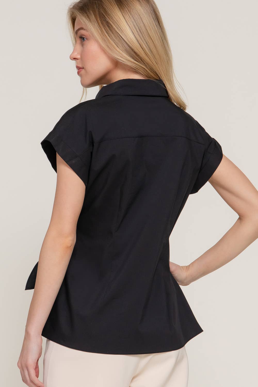 Missy Short Dolman Sleeve Button Down Side Knot Poplin Shirt