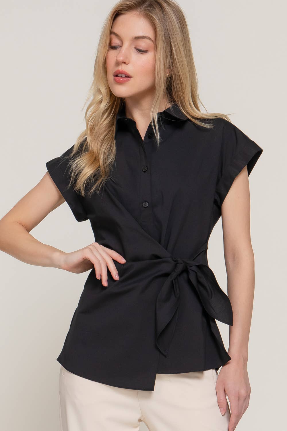 Missy Short Dolman Sleeve Button Down Side Knot Poplin Shirt