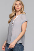 Laid Back Short Sleeve Split Round Neck Stripe Print Woven Top
