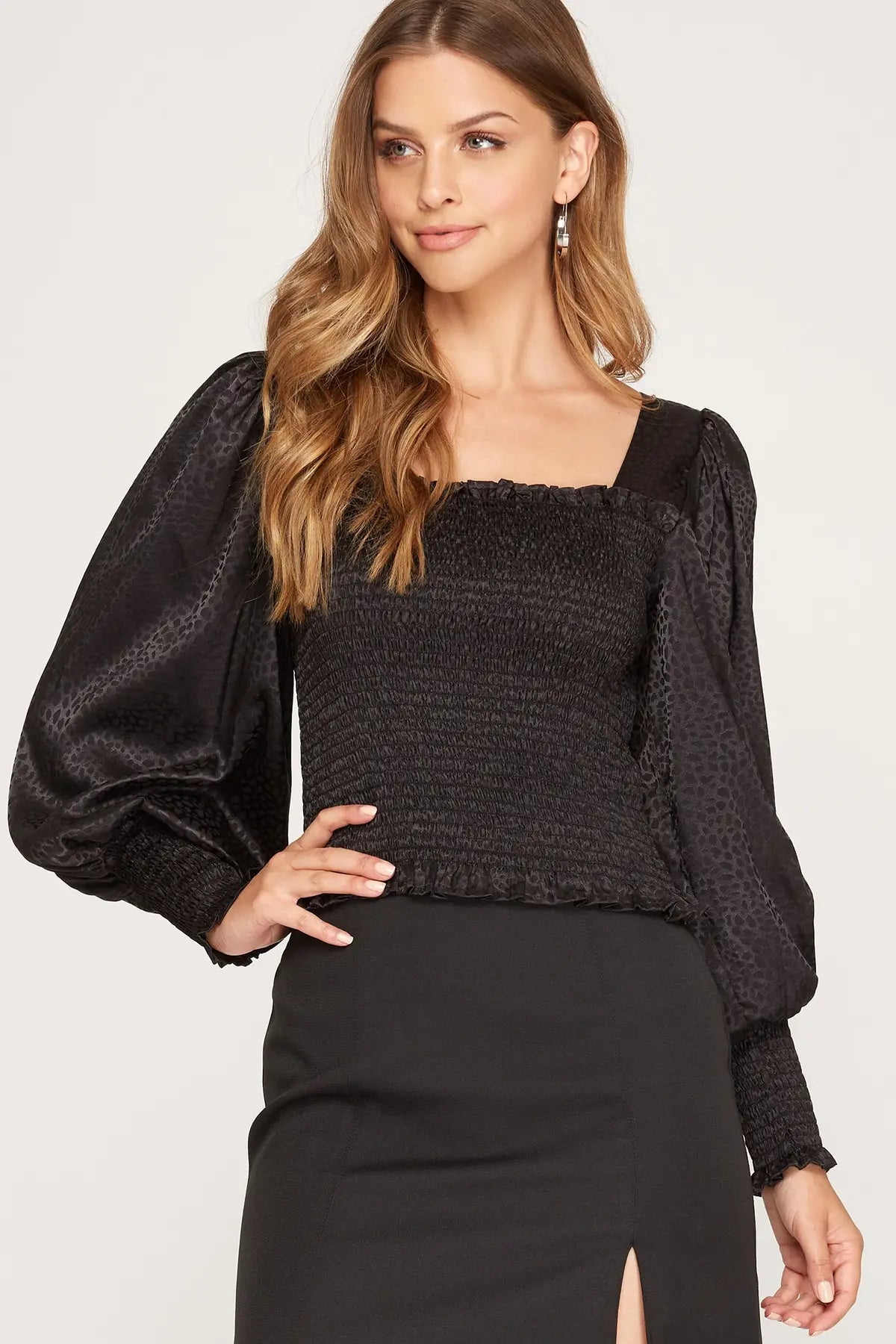 Lisa Long Puff Sleeve Smocked Woven Jacquard Top