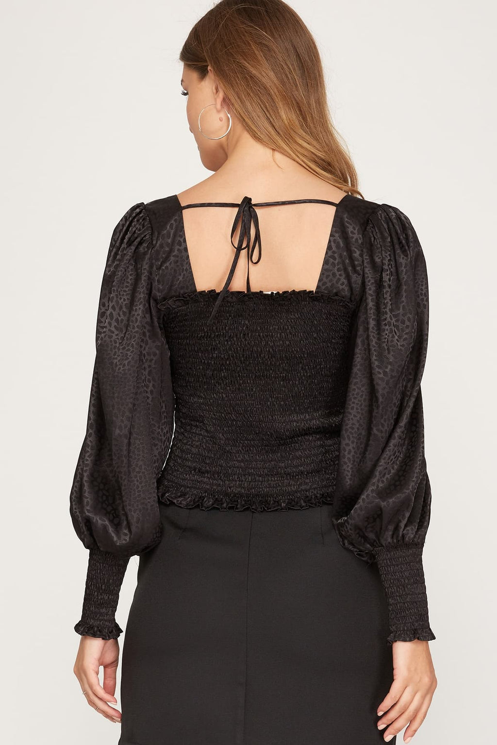Lisa Long Puff Sleeve Smocked Woven Jacquard Top