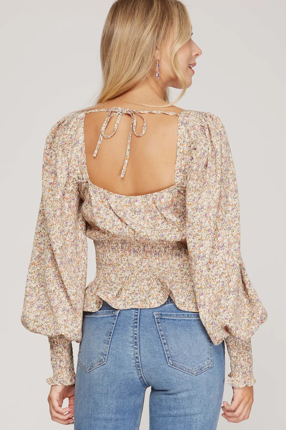 Pam Puff Long Sleeve Woven Print Smocked Top With Back Tie