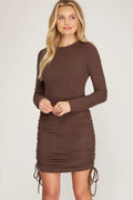 Lauren Long Sleeve Brushed Stretch Knit Dress With Ruched Side Detail
