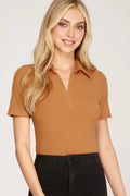 Sadie Short Sleeve Collared Rib Knit Bodysuit