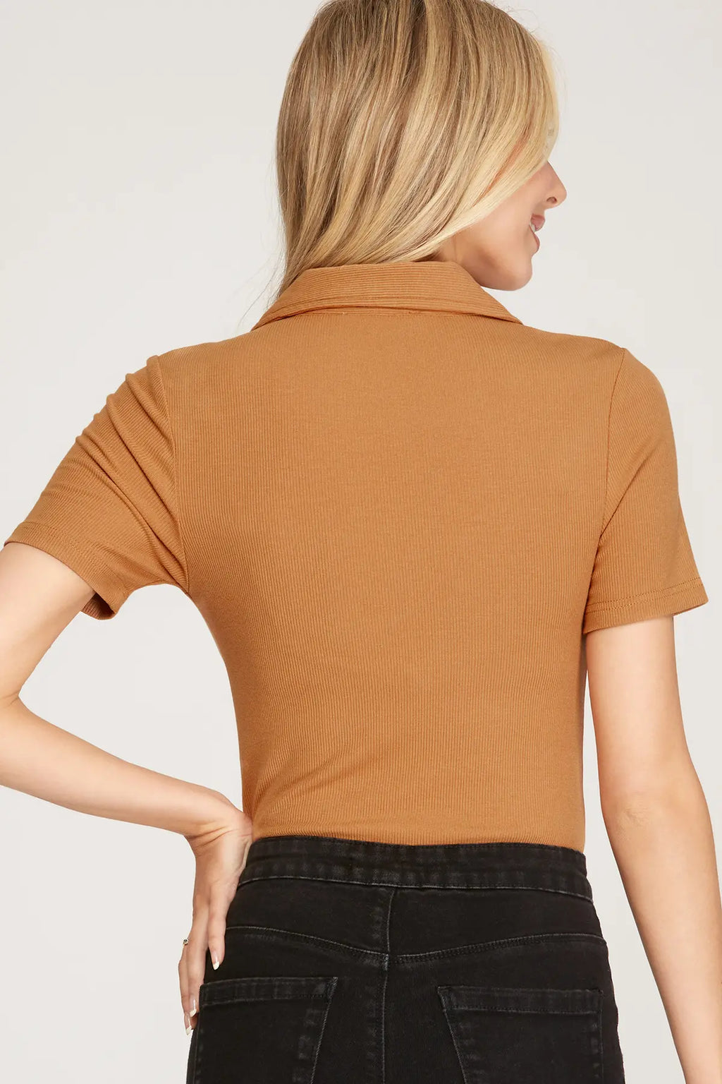 Sadie Short Sleeve Collared Rib Knit Bodysuit