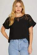 Elizabeth Drop Shoulder Lace Contrast Woven Top