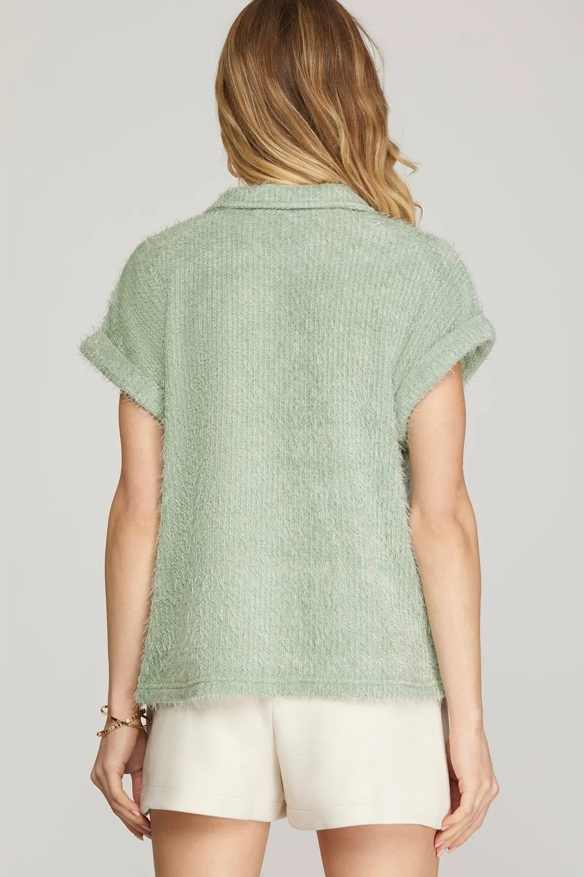 Stella Short Folded Sleeve Collared Fuzzy Knit Top