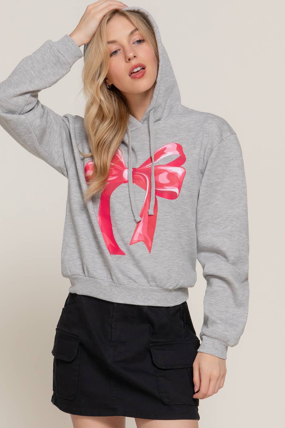 Wrapped Up Long Sleeve Hoodie Bow Print Inner Fleece French Terry Top