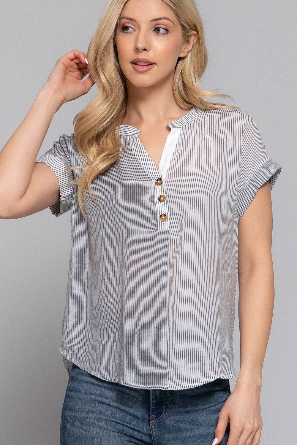 Laid Back Short Sleeve Split Round Neck Stripe Print Woven Top