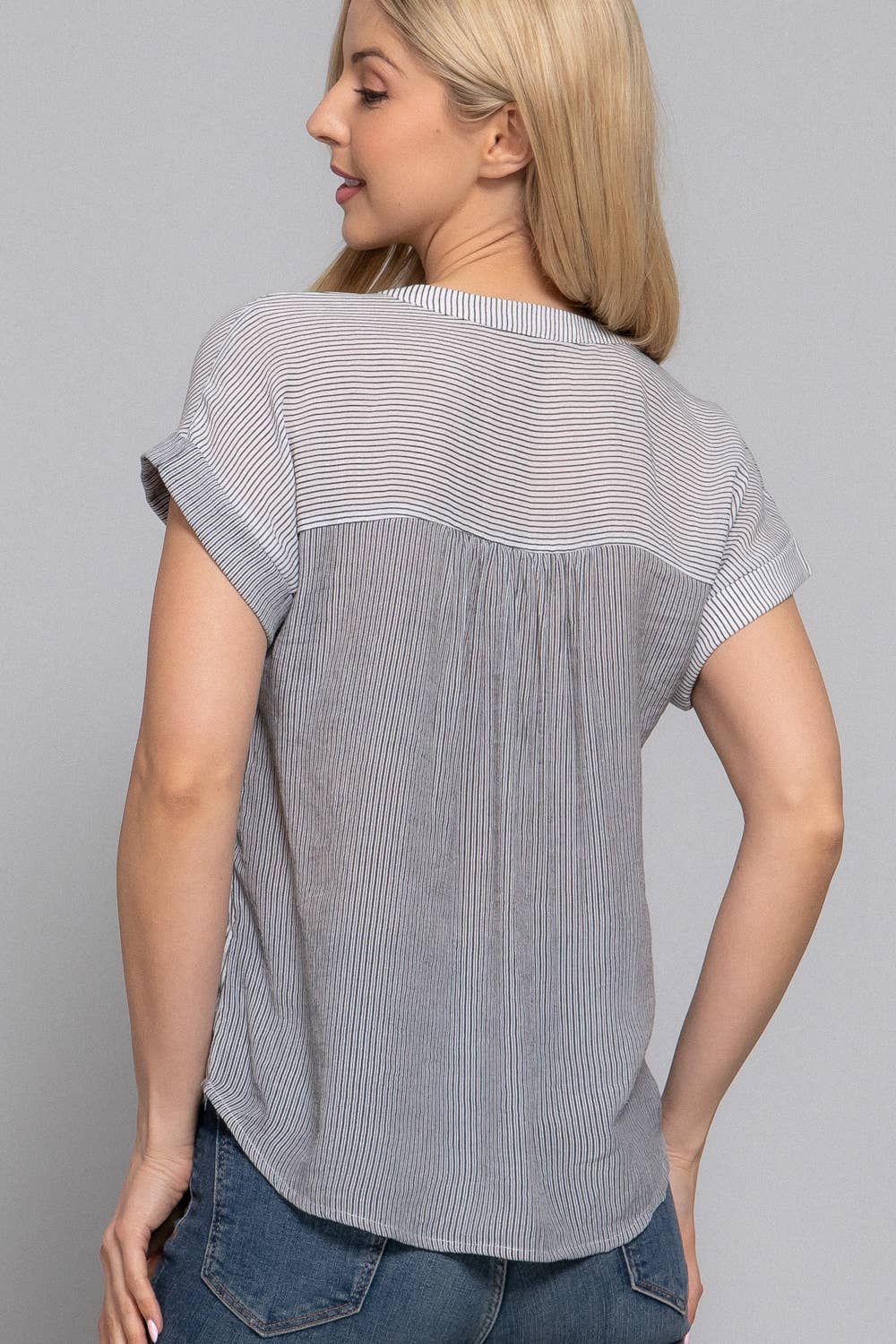 Laid Back Short Sleeve Split Round Neck Stripe Print Woven Top