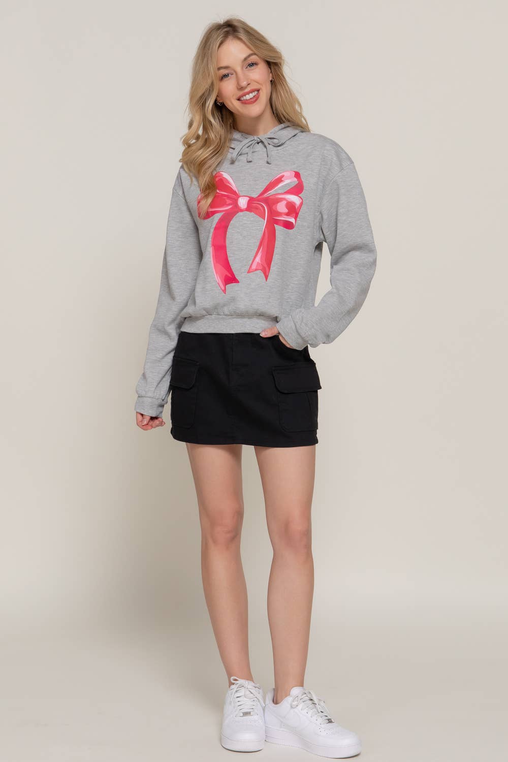 Wrapped Up Long Sleeve Hoodie Bow Print Inner Fleece French Terry Top