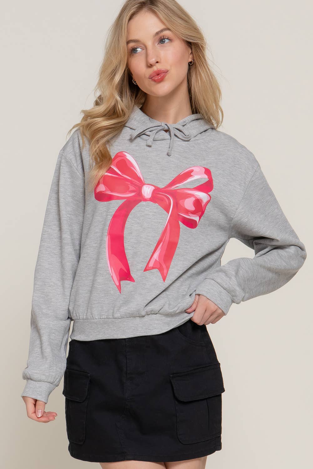 Wrapped Up Long Sleeve Hoodie Bow Print Inner Fleece French Terry Top