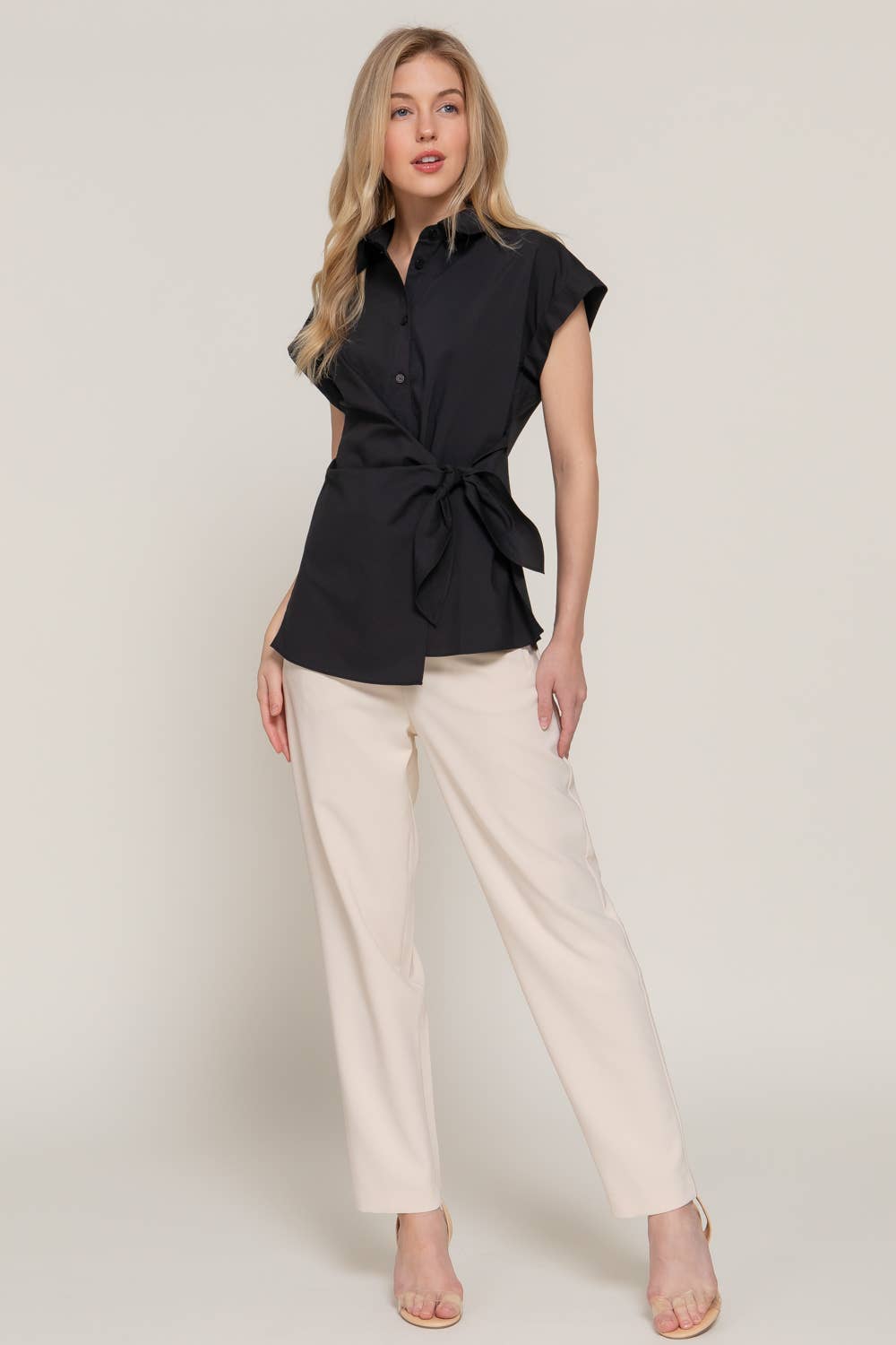 Missy Short Dolman Sleeve Button Down Side Knot Poplin Shirt