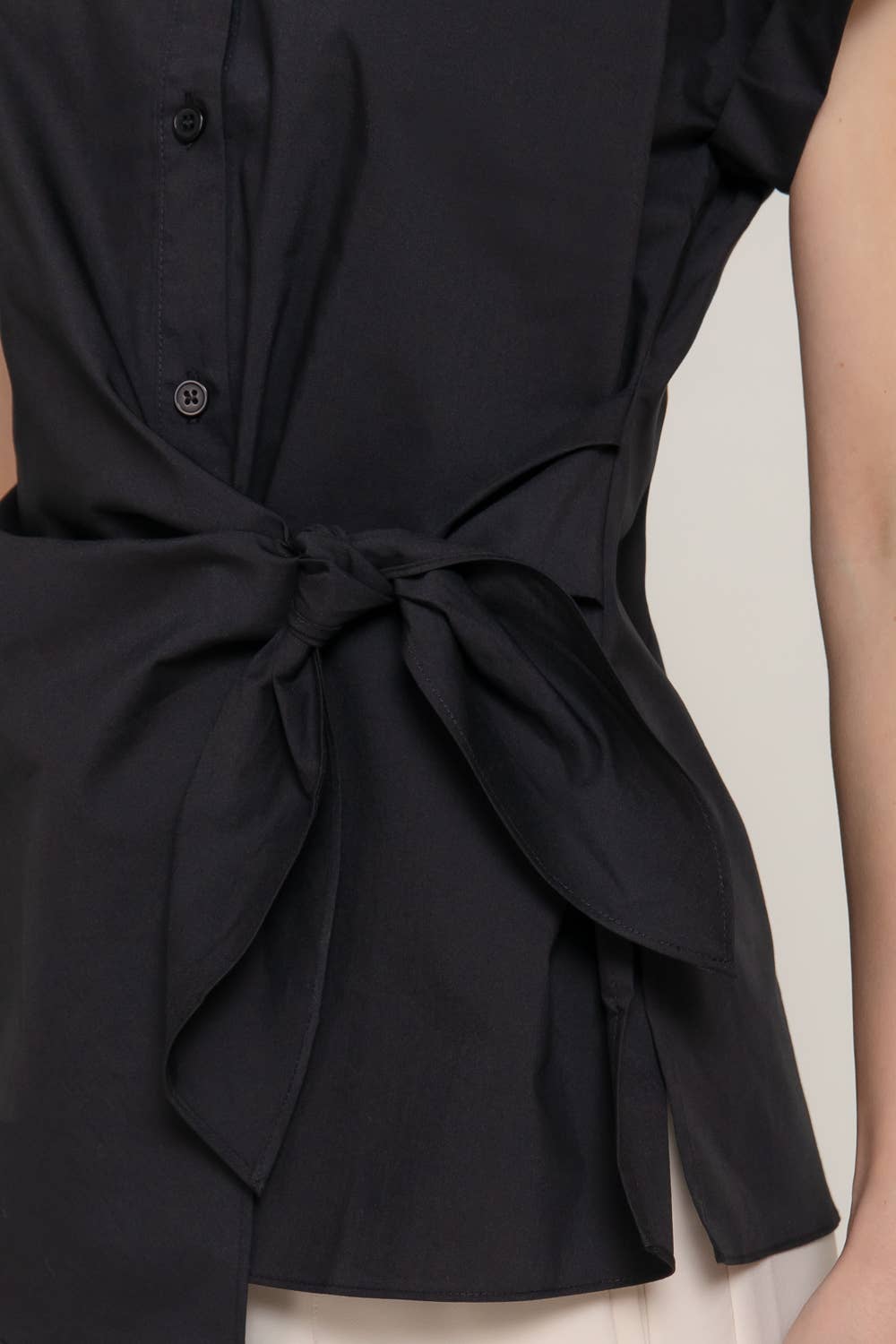 Missy Short Dolman Sleeve Button Down Side Knot Poplin Shirt