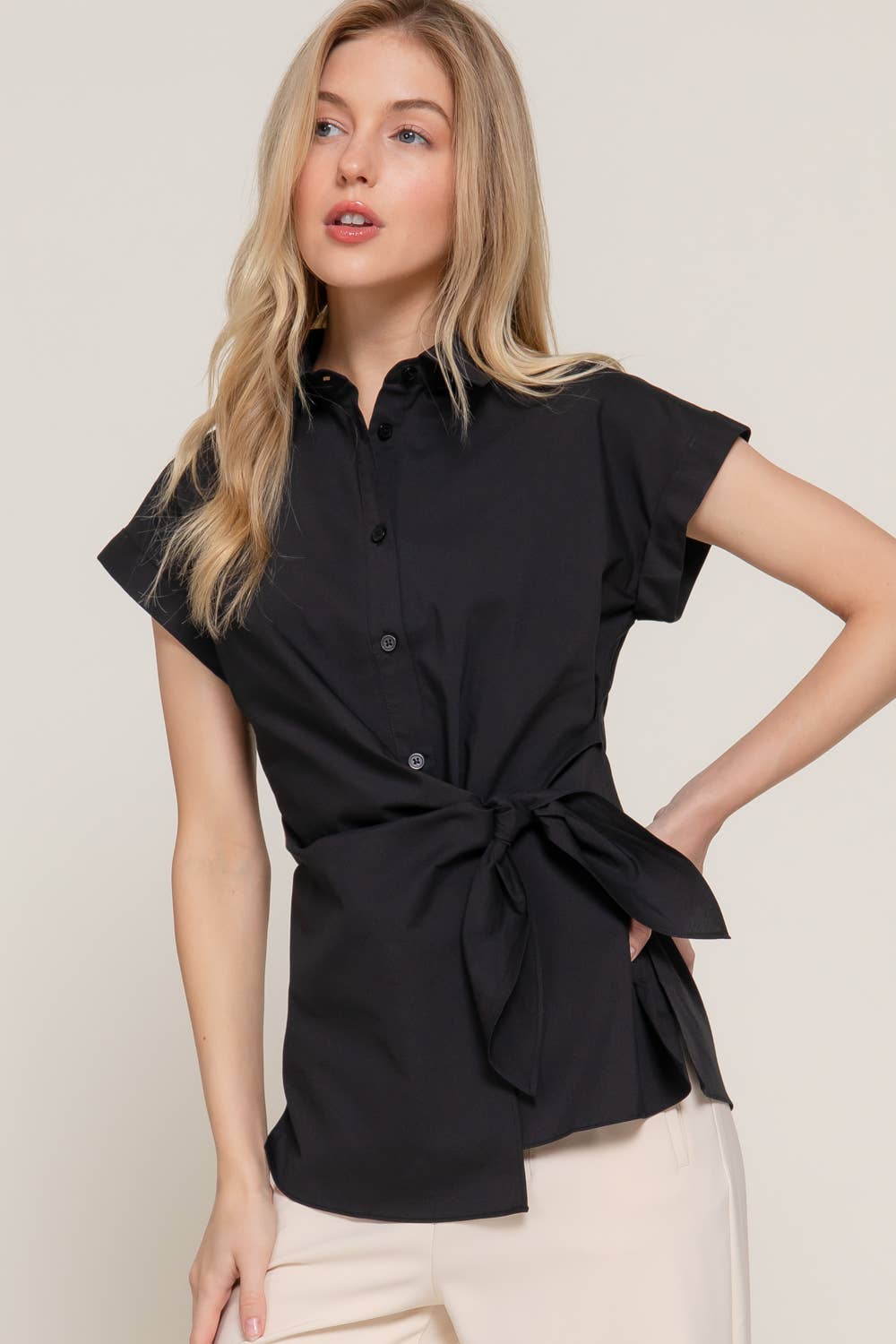 Missy Short Dolman Sleeve Button Down Side Knot Poplin Shirt