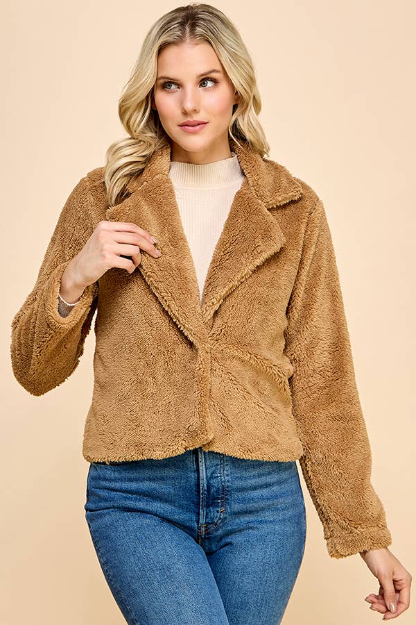 Allison Sherpa Notched Collar Open Front Crop Jacket