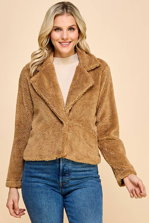Allison Sherpa Notched Collar Open Front Crop Jacket