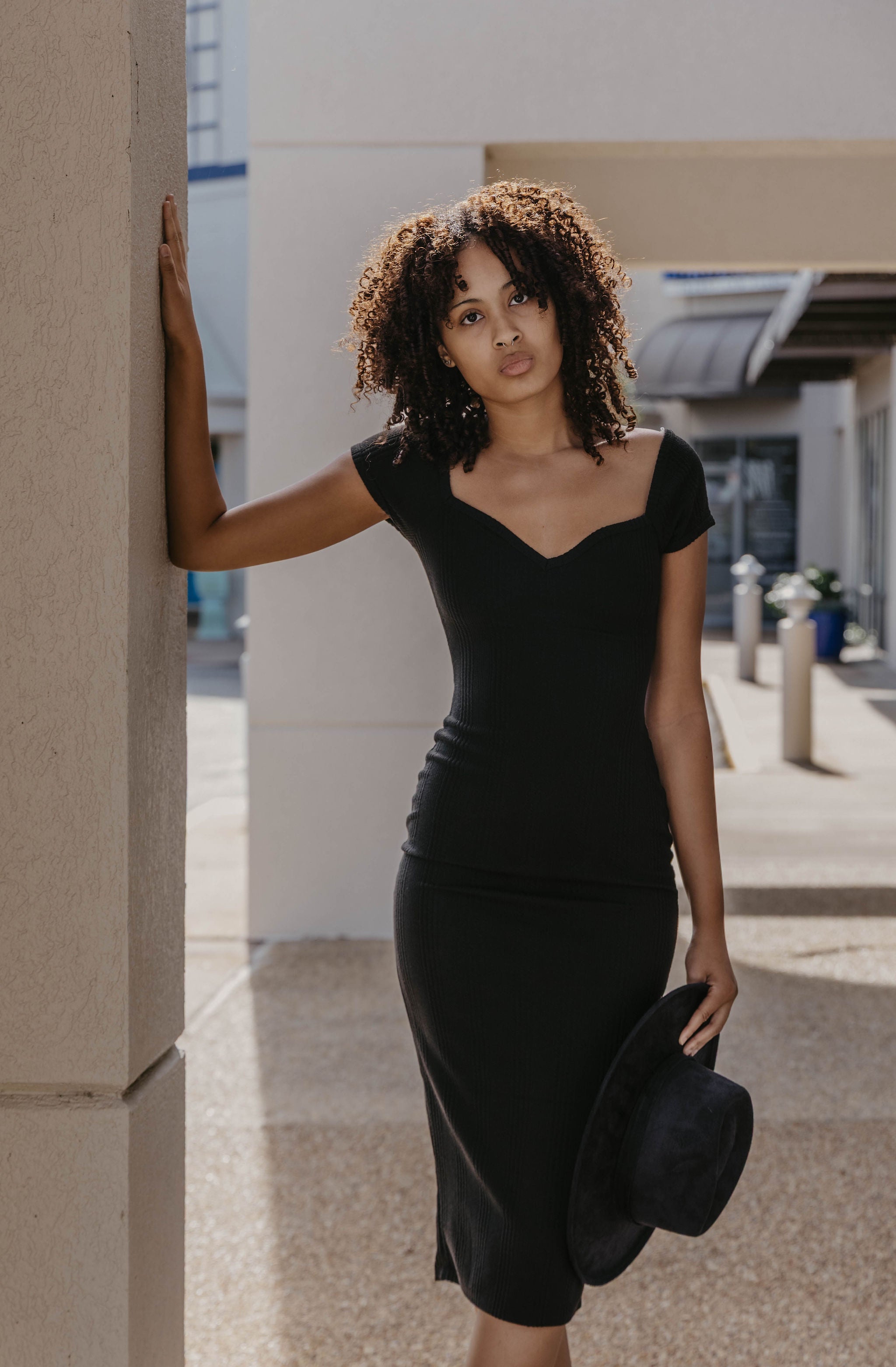 Audrey Sweet Heart Neck Bubble Rib Short Sleeve Midi Dress