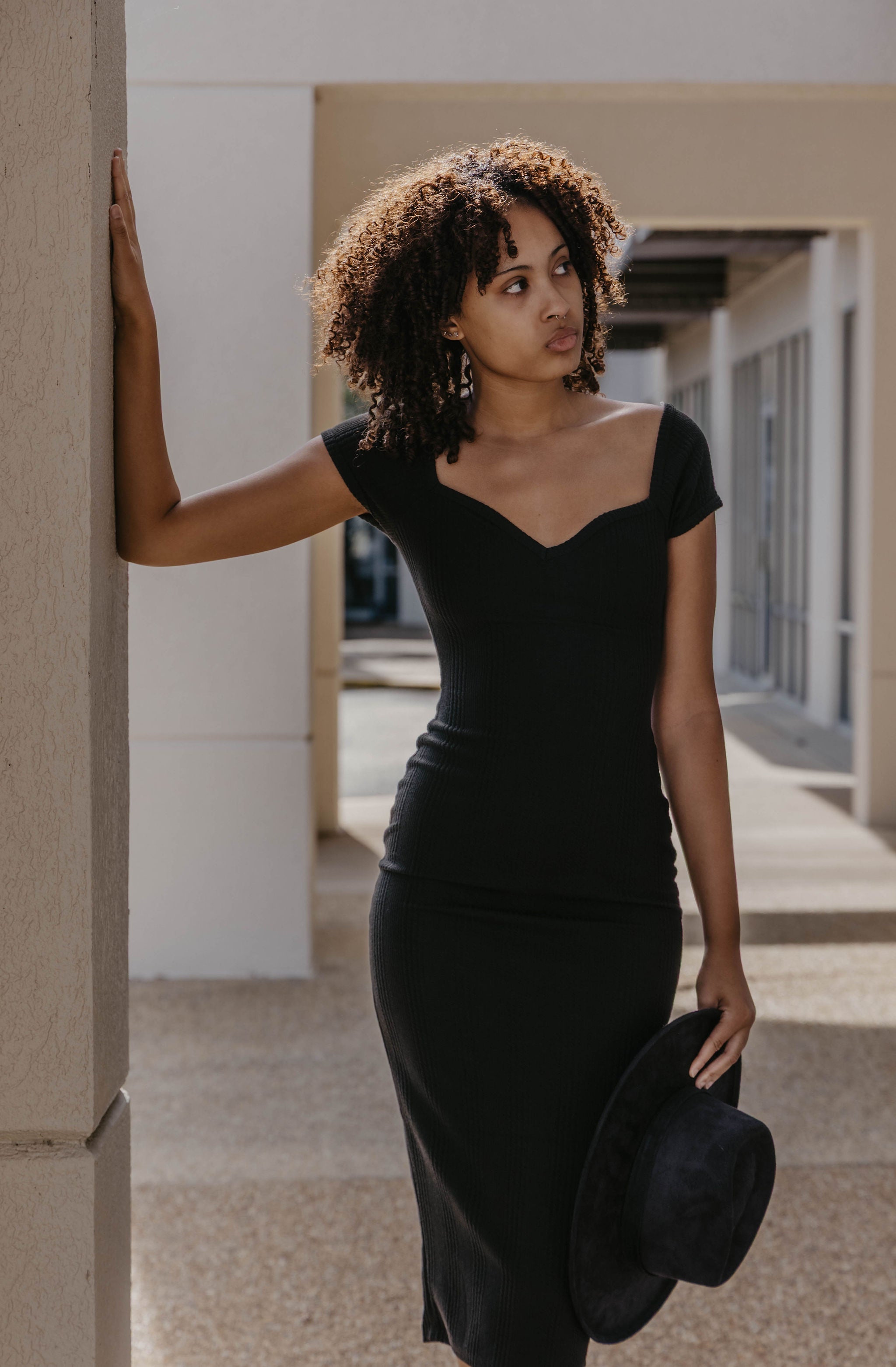 Audrey Sweet Heart Neck Bubble Rib Short Sleeve Midi Dress