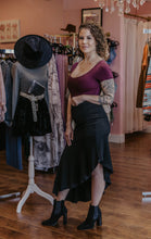 Load image into Gallery viewer, burgundy body suit with asymmetrical black skirt from Peake Chic 
