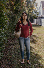 Load image into Gallery viewer, red jacquard top with jeans and a LV bag from Peake Chic 
